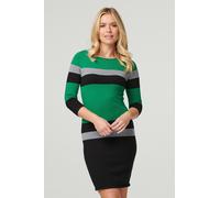 Izabel London Striped Colour Block Knit Dress for Women UK with Boat Neck, 3/4 Sleeves and Short Length Hem. Green