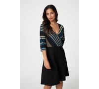 Izabel London Striped Colour Block Skater Dress for Women UK with v-Neck, 3/4 Sleeves and Short Skater Skirt. Black