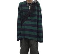 Striped Crewneck Long-Sleeve T-Shirt Alt Pullover Emo Shirt Punk Japanese Harajuku Streetwear, Green, M