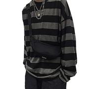 Striped Crewneck Long-Sleeve T-Shirt Alt Pullover Emo Shirt Y2k Punk Japanese Harajuku Streetwear, Gray, Medium