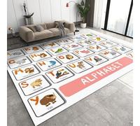 Striped English Letters Area Rugs, Cartoon Animals Children's Rug, Nursery Carpet Anti-Slip Washable for Children's Room Playroom Study Terrace Living Room Bedroom Entrance Hallway-100 x 140 cm