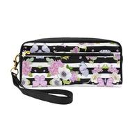 Striped Flower Butterfly Print Leather Small Makeup Bag – Reusable Cosmetic Accessories Organizer, Travel Toiletry Bag
