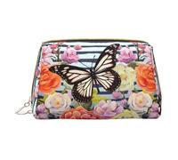 Striped Flower Butterfly Print Makeup Bag Portable Leather Waterproof Cosmetic Bag Clutch Makeup Brush Bag (6.7x4.3in)
