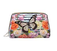 Striped Flower Butterfly Print Makeup Bag Portable Leather Waterproof Cosmetic Bag Clutch Makeup Brush Bag (6.7x4.3in)
