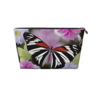 Striped Flower Butterfly Printed Toiletry Bag for Women Girl Portable Travel Cosmetic Bag Leather Makeup Pouch Organizer with Silver Zipper