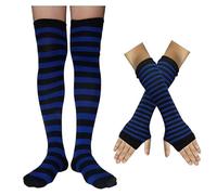 Striped Gloves Long Fingerless,Women Winter Knitted Arm Warmers For Punk Rock & Cosplay Goth Halloween Party GB-WM-S-G5 (Z1 - Black and Royal Blue - Gloves + Stockings)