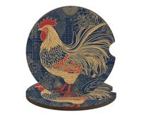 Striped Golden Rooster Car Cup Holder Coasters 2-Pack Absorbent Wood & Cork Coasters for Car Cup Holders, Festive Car Accessories for Women & Men
