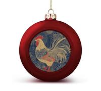 Striped Golden Rooster Christmas Ball Ornaments - Red Shatterproof Plastic Vintage Rustic Xmas Tree Decorations Pendant for Family Holiday Wedding Party Xmas Hanging Decoration