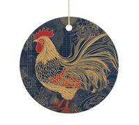 Striped Golden Rooster Double-Sided Ceramic Christmas Ornaments - Round Hanging Mini Xmas Tree Decorations, Ideas for Farmers, Rustic Home Decor for Indoor Outdoor Tree Decor