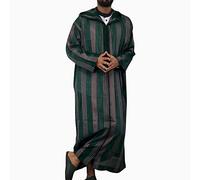 Striped Jubba Casual Thobe Half Muslim Long Men's Robe Zipper Hooded Sleeve Men's Blouse Cold Dress for Men (Green, L)