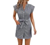 Striped Jumpsuit for Women Cap Sleeves Button Down Belted Shortalls Overalls Summer Elegant Cotton and Linen Playsuits with Pockets Casual Vacation Travel Outfits