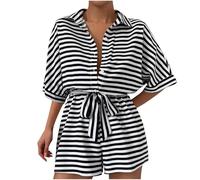 Striped Jumpsuit Women Button-Down Collared Romper Ladies Mid-Sleeve Self-Tie Waist Belt Shorts Playsuit Casual Loose Fit Summer Jumpsuits Lightweight All-in-One Outfit for Beach Vacation Everyday