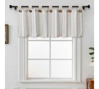 Striped Kitchen Curtains Farmhouse Linen Tier Curtains Tab Top Boho Rustic Button Light Filtering Small Window Short Curtain for Cafe Bathroom Bedroom Drapes 1Panel (W39 X L20 Inch,Beige)