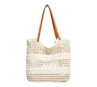 Striped Knitted Beach Bag for Women, Crochet Tote Bag with Zipper and Lining, Boho Summer Shoulder Bag for Holiday Travel