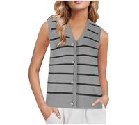 Striped Knitted Sweaters for Women Casual V Neck Striped Pattern Knit Button Up Cardigans Sleeveless Jumpers Cable Knit Sweater Vest Cropped Tank Top Knitwear Sweater Coats for Ladies Girls