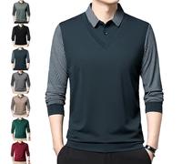 Striped Lapel Fake 2-Piece Knitted Shirt,Men’s Polo Shirts Long Sleeve Casual Collared T Shirt (Dark Blue,Large)