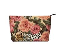 Striped Leopard and Roses Printed Corduroy Makeup Bag for Travel & Daily Use, Stylish Pouch Purse Case Cosmetic Bags Organizer for Women