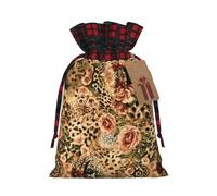 Striped Leopard Christmas Drawstring Linen Gift Bag Paired With Scottish Plaid Fabric, With A Delicate And Simple Texture