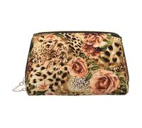 Striped Leopard Print Leather Cosmetic Pouch, Leather Makeup Bag for Purse with Top Zip Closure Stylish Toiletry Bag