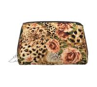 Striped Leopard Print Leather Cosmetic Pouch, Leather Makeup Bag for Purse with Top Zip Closure Stylish Toiletry Bag