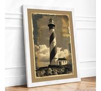 Striped Lighthouse Vintage Framed Wall Art Print A3 (42×29.7cm) White, Wall Decor for Living Room, Bedroom, Office & Home, Ready to Hang, Art Gift