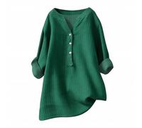 Striped Linen Shirt Women Button Up V Neck Cotton and Linen Tops 3/4 Sleeve Henley Shirts Smart Casual Loose Fit Tee Shirt Lightweight Office Work Blouses Summer Spring Going Out Tops,Green,S