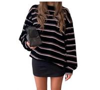 Striped Long Sleeve Shirt Women Y2k Oversized Crewneck Vintage Tops Fall Winter Drop Shoulder Cute Preppy Pullover, 2 Black, M