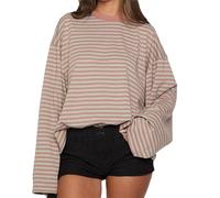 Striped Long Sleeve Shirt Women Y2k Oversized Crewneck Vintage Tops, Fall Winter Drop Shoulder Cute Preppy Pullover (Pink,XS)