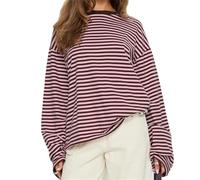 Striped Long Sleeve Shirt Women Y2k Oversized Crewneck Vintage Tops, Fall Winter Drop Shoulder Cute Preppy Pullover (Red,XS)