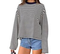 Striped Long Sleeve Shirt Women Y2k Oversized Crewneck Vintage Tops, Fall Winter Drop Shoulder Cute Preppy Pullover (Black,S)