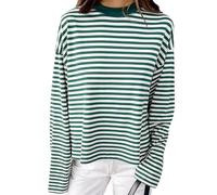 Striped Long Sleeve Shirt Women Y2k Oversized Crewneck Vintage Tops, Fall Winter Drop Shoulder Cute Preppy Pullover (Green,S)