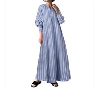 Striped Maxi Dresses for Women Button V Neck Shirt Dress Italian Kaftan Long Dress Oversized Beach Dresses Elegant Summer Loose Casual Holiday Dresses Long Sleeve Tunic Dress Clearance Blue