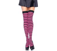 Leg Avenue Nylon Thigh Highs with Stripe (Black/Neon Pink)