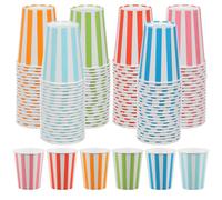 Striped Paper Cups 120 Pack, 250ml Disposable Party Drink Cups for Picnics | Thickened 9oz Leak-Resistant Tumblers in 6 Pastel Stripe Colours for Birthdays, Barbecues & Celebrations with Rolled Rims