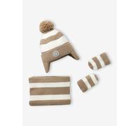Striped Peruvian beanie, snood and mittens set for babies striped beige