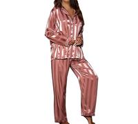 Striped Pjs for Women Sets Satin Silk Lounge Wear Sets Summer Casual Loose Pajamas Set Jacquard Comfy Pyjamas Long Sleeve Button down Shirt Full Length Pants Nightwear Sleepwear Hot Pink