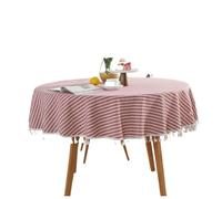 Striped Round Tablecloth Plain Tassel Table Cloth Cotton Linen Cover Towel(Red,Diameter 100cm)