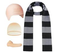 Striped Scarf Halloween Costume Set, Bald Head Net, Party Headwear Wig, Fake Nose Hat Accessory, 4-Piece Dress-Up Kit for Cosplay Themed Events Pranks Festivals and Holiday Parties, 400g