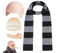 Striped Scarf Halloween Costume Set, Costume Accessory Set for Adults - Bald Head Net Party Headwear, 4 x Adult Size Striped Scarf, Artificial Nose, Bald, Wig Hat for Men