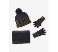 Striped Set for Boys: Beanie + Snood + Mittens/Gloves chambray blue
