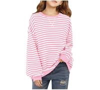 Striped Shirt Girls Red White Carnival Tops Black White Children's Long Sleeve Shirt Striped Top Crew Neck Basic Shirt Striped Loose Costume, pink, 13-14 Years