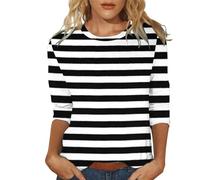 Striped Shirt Women's 3/4 Sleeve Striped Shirt Basic T-Shirt with Stripes Crew Neck Casual Tops Spring Summer T-Shirt Vintage Sports Tops Casual Streetwear Y2k Top Girls, black, L