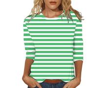 Striped Shirt Women's 3/4 Sleeve Striped Shirt Basic T-Shirt with Stripes Crew Neck Casual Tops Spring Summer T-Shirt Vintage Sports Tops Casual Streetwear Y2k Top Girls, Green, 3XL