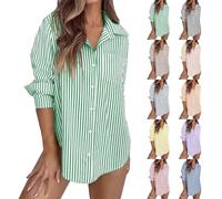 Striped Shirt Women's Long Sleeve Shirts Long Blouse Striped Tops Elegant V-Neck Button Down Shirt Blouse Modern Long Shirt Lightweight Summer Top for Office, Holidays and Evening Events, gray, L