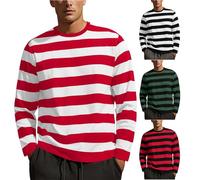 Striped Shirts for Men Horizontal Stripe Shirt Long Sleeve Crewneck T-Shirt Fashion Classic Tops Basic Tees Bouses Playeras De Trabajo para Hombre(Red, 3XL)