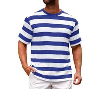 Striped Shirts for Men Short Sleeve Casual Tees Lightweight Breathable Stylish Basic Stripes Printed T Shirts Mens Summer Comfy Daily Loose Fit Tops Crewneck Classic Tshirt T-Shirt Tee Blue
