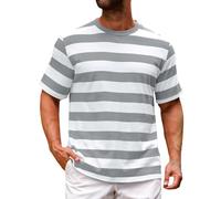 Striped Shirts for Men Short Sleeve Casual Tees Lightweight Breathable Stylish Basic Stripes Printed T Shirts Mens Summer Comfy Daily Loose Fit Tops Crewneck Classic Tshirt T-Shirt Tee Grey
