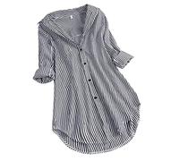 Striped Shirts for Women UK,Red and White Striped Button up Shirts Cuffed Sleeves Loose Fit Blouse Roll Up V Neck Casual Summer Tee Tops Ladies Tunic Blouses for Work Office Plus Size 20-22