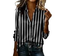 Striped Shirts for Women UK Satin Silk Collared Stylish Blouse Button Down Long Sleeve Shirts Glossy Silky Loose Fit Casual Blouses Elegant V-Neck Stripe Print Tops Office Work Blouses Black