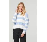 Izabel London Striped Side Split Knit Pullover for Women UK with Round Neck, Long Sleeves and Hip Length Hem. Blue